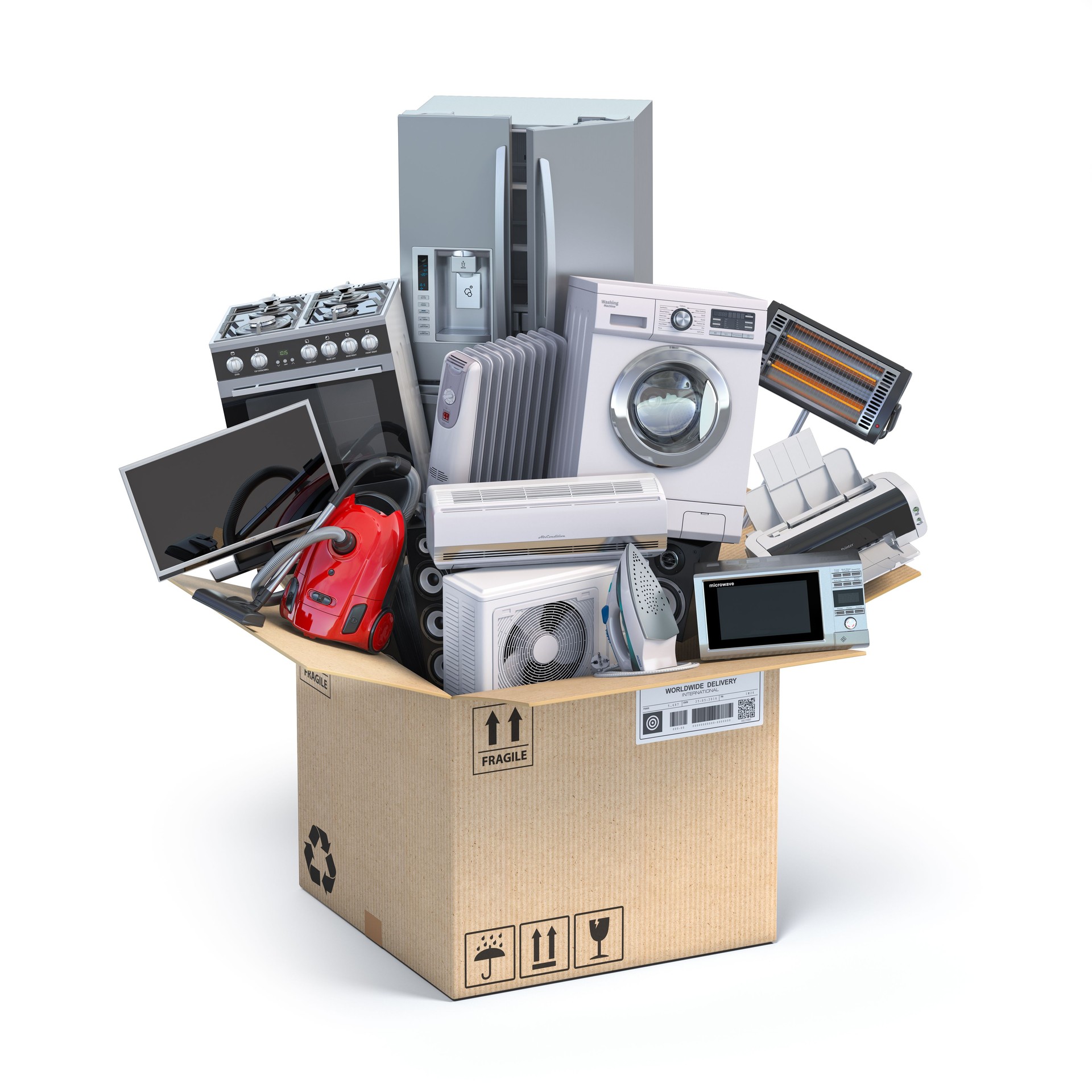 Household  kitchen appliances in open cardboard box. Delivery,  moving and online shopping concept.